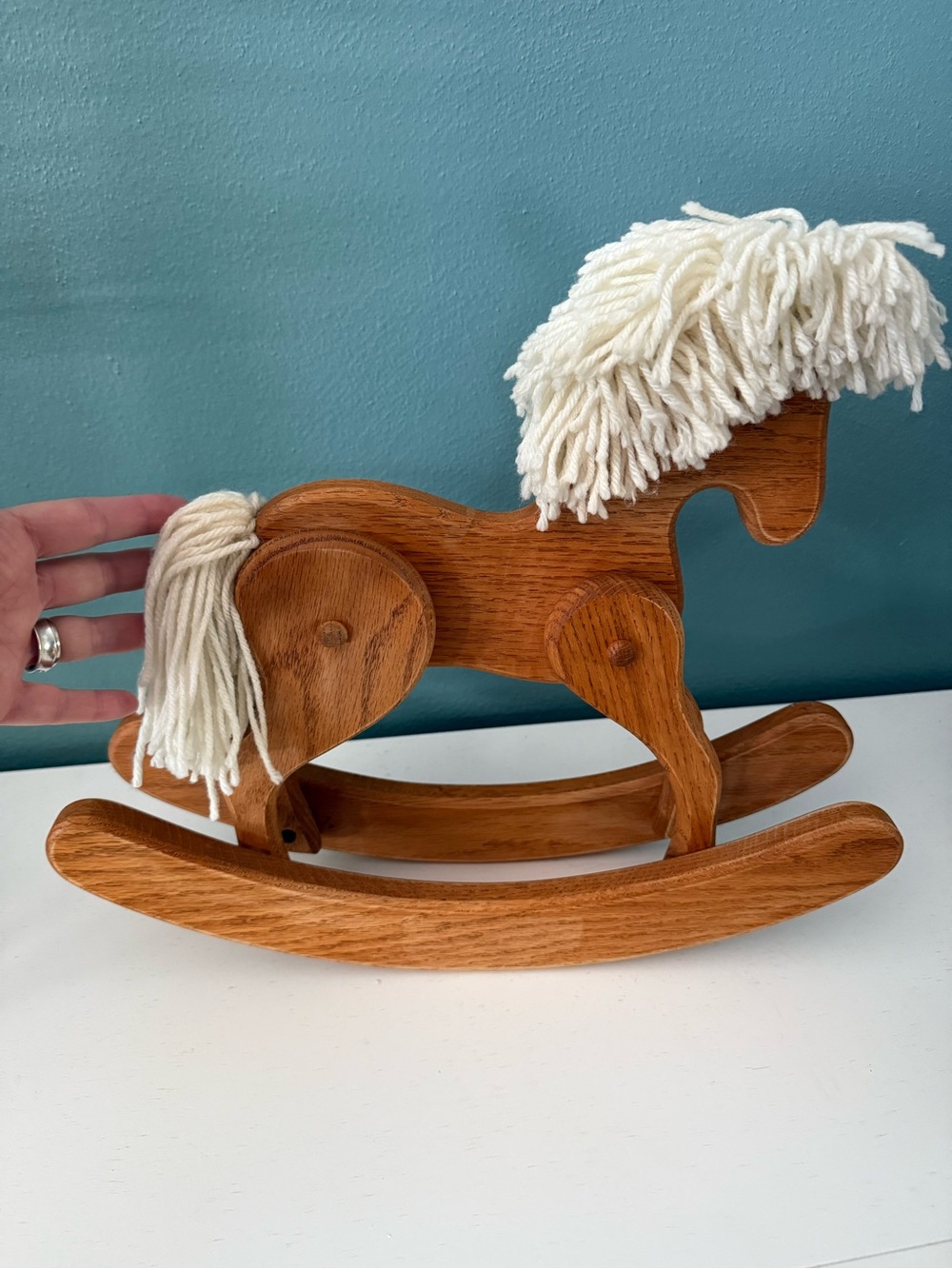 Vintage Wood Toy Rocking Horse Yarn Mane Rustic Farmhouse Nursery Child Decor - Picture 6 of 15